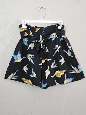 Zara High-Waist Paperbag Shorts Black with Blue & Yellow Bird Print Womens Large